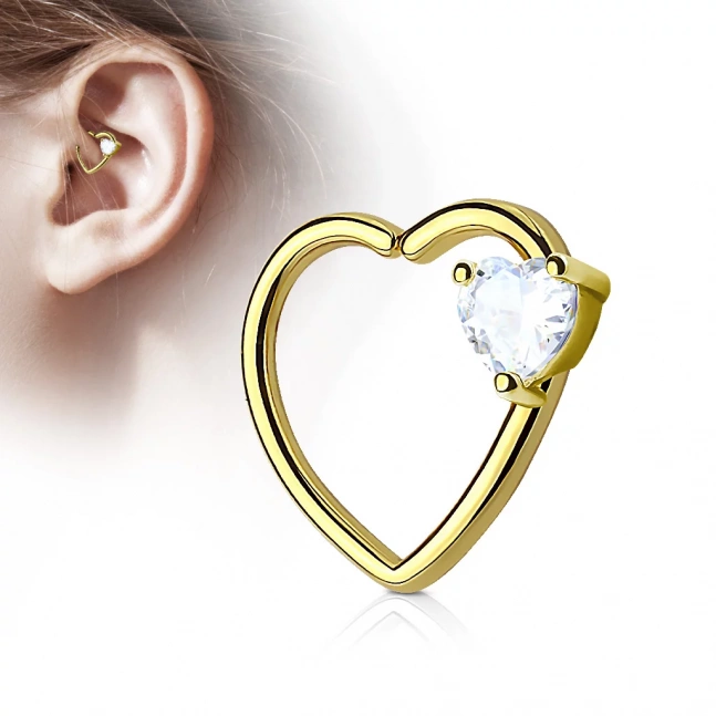 Pozłacany 14 k żóltym złotem piercing do ucha  - serce z cyrkonią