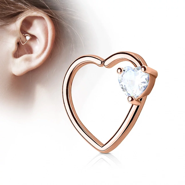Pozłacany 14 k różowym złotem piercing do ucha  - serce z cyrkonią