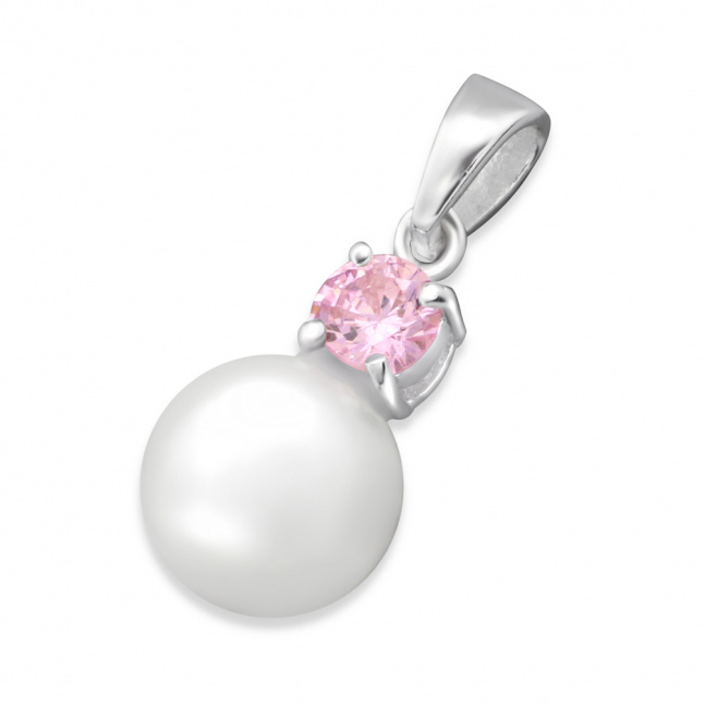 Elegancki srebrny wisiorek - perła z różowym kryształkiem