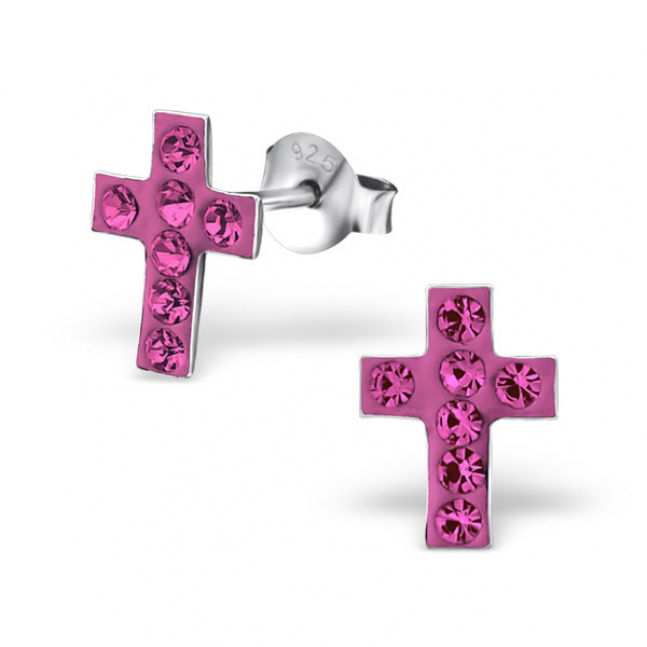 Srebrne kolczyki sztyfty - krzyż z różowymi cyrkoniami 2