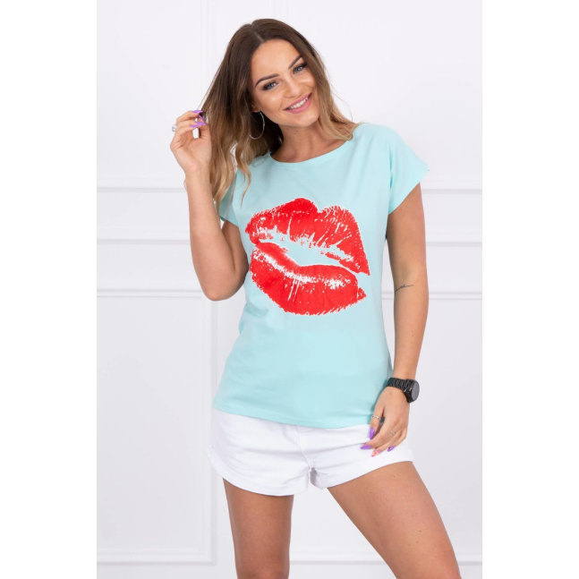 Blouse with lips print mint