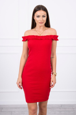 Sukienka z odkrytymi ramionami z falbankami czerwona