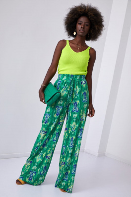 Szerokie spodnie damskie we wzory zielone