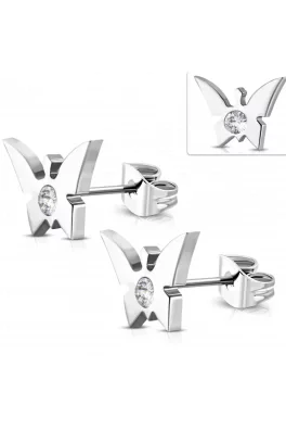 Kolczyki sztyfty ze stali chirurgicznej - motylek z cyrkonią