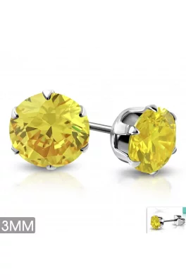 Kolczyki sztyfty ze stali chirurgicznej - żółty kryształek 3 mm