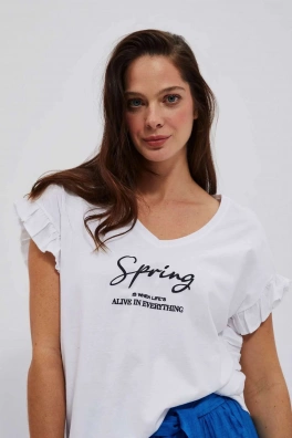 Bluzka z napisem i fablaną na rękawie - biały