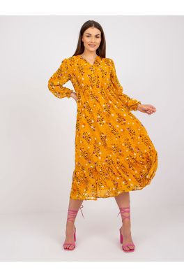 Ciemnożółta sukienka midi z printami i falbaną RUE PARIS
