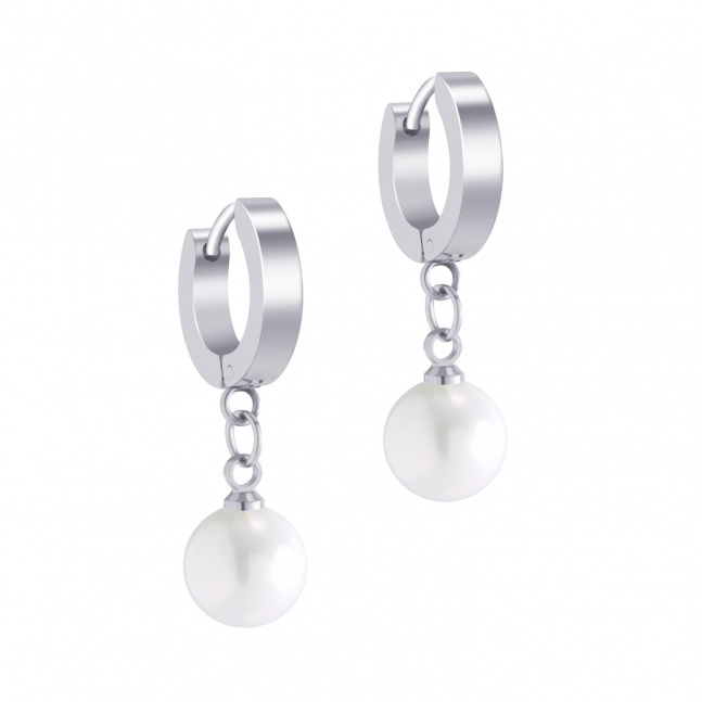 Kroužky s přívěškem z chirurgické oceli - bílá perla