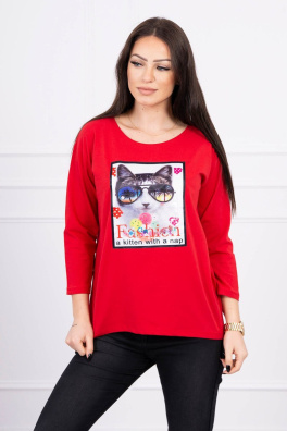 Bluzka z grafiką kota 3D czerwona