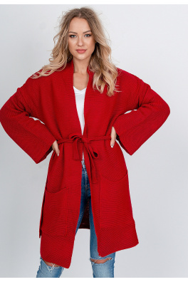 Długi sweter damski z kieszeniami - czerwony,