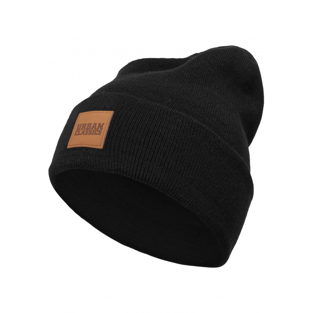 Synthetic Leatherpatch Long Beanie black