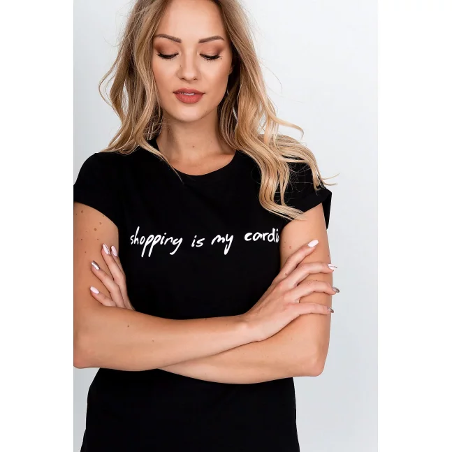Koszulka damska z napisem „Shopping is my cardio” - czarna,