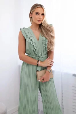 Pleated jumpsuit with frills dark mint