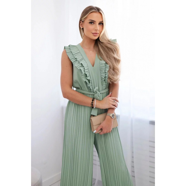 Pleated jumpsuit with frills dark mint