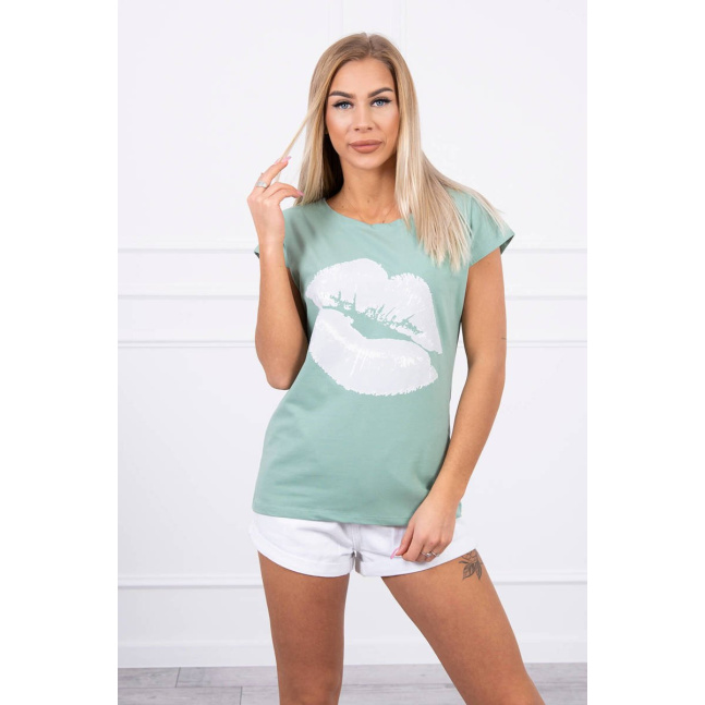 Blouse with lips print dark mint