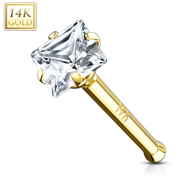 Luksusowy piercing do nosa z 14-karatowego złota - kwadratowa cyrkonia 2x2 mm