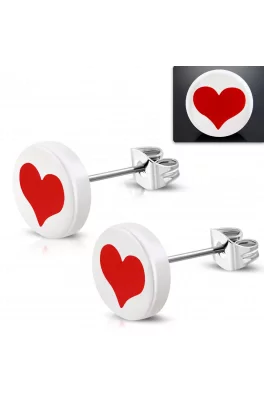 Kolczyki sztyfty ze stali chirurgicznej - białe kółka z serduszkiem